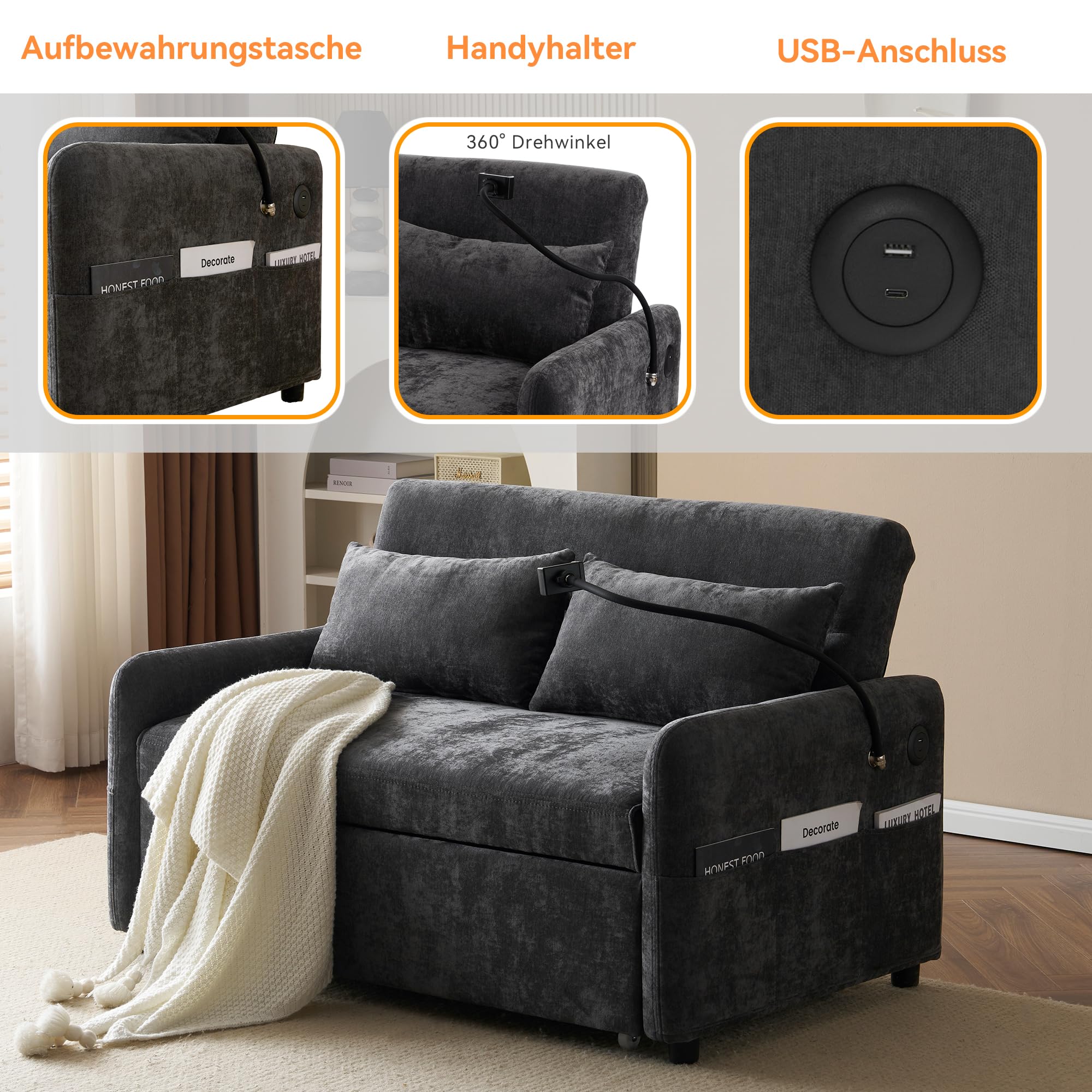 Divano letto pieghevole doppio moderno, divano a 2 posti multifunzione con funzione di sonno, con schienale regolabile e supporto per telefono cellulare, porta di ricarica USB, adatto per