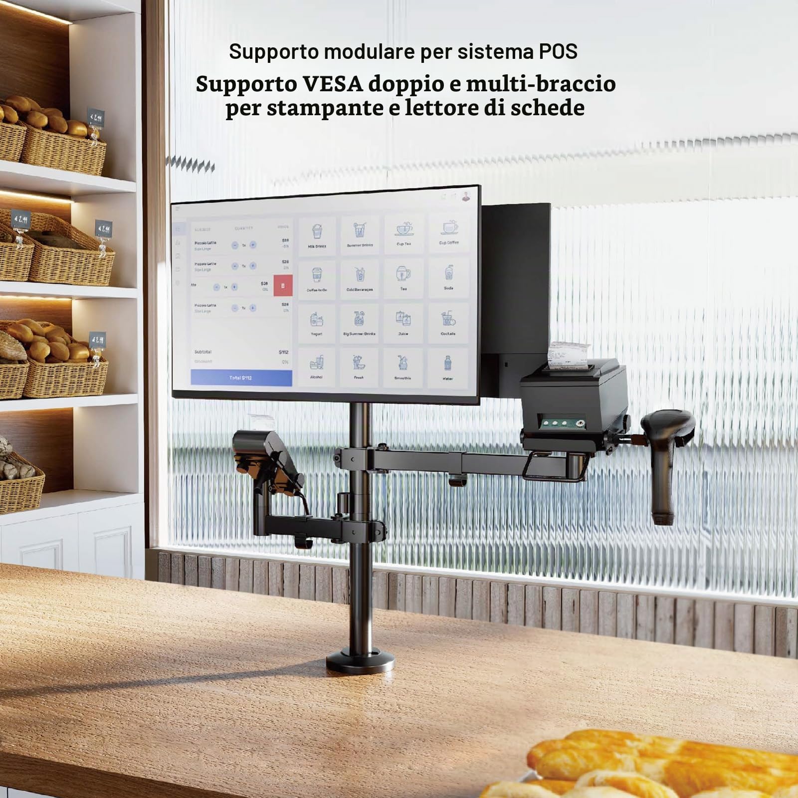 TooQ TQPM0002 - Supporto da tavolo regolabile per POS, consente l'installazione della stampante + 2 schermi da 17"-32" + terminale con lettore, nero