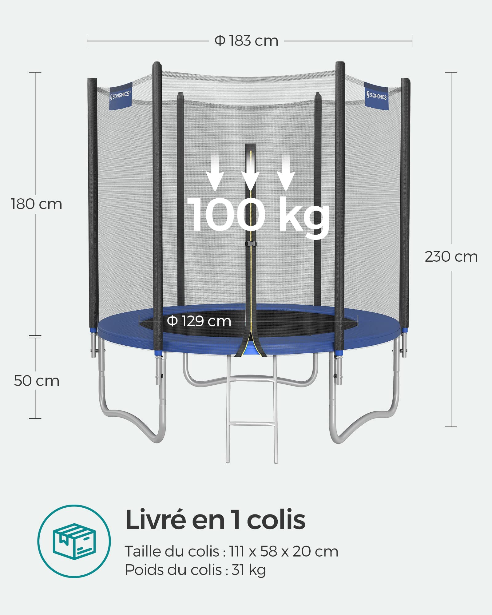 SONGMICS Trampoline Extérieur Enfant Diamètre 183/244/305/366/427 cm, Filet de Protection Externe, Coussins de Sécurité, Échelle, Poteau Droit de 180 cm de Haut, Cadre en Acier