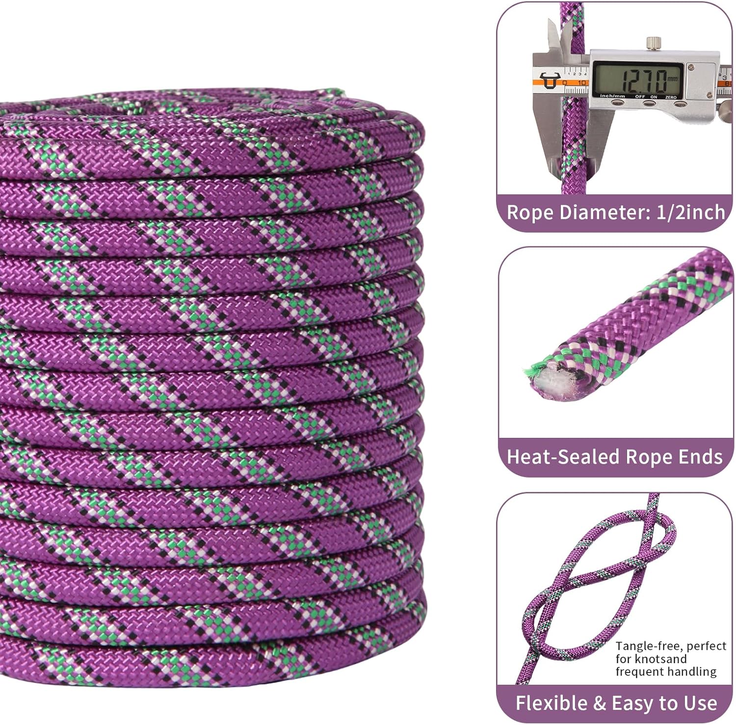 Arborist Rope Tree Climbing Rope(1/2 Inch x 100ft) 48 Strands Bull Rope for Construction Climbing Swing Sailing