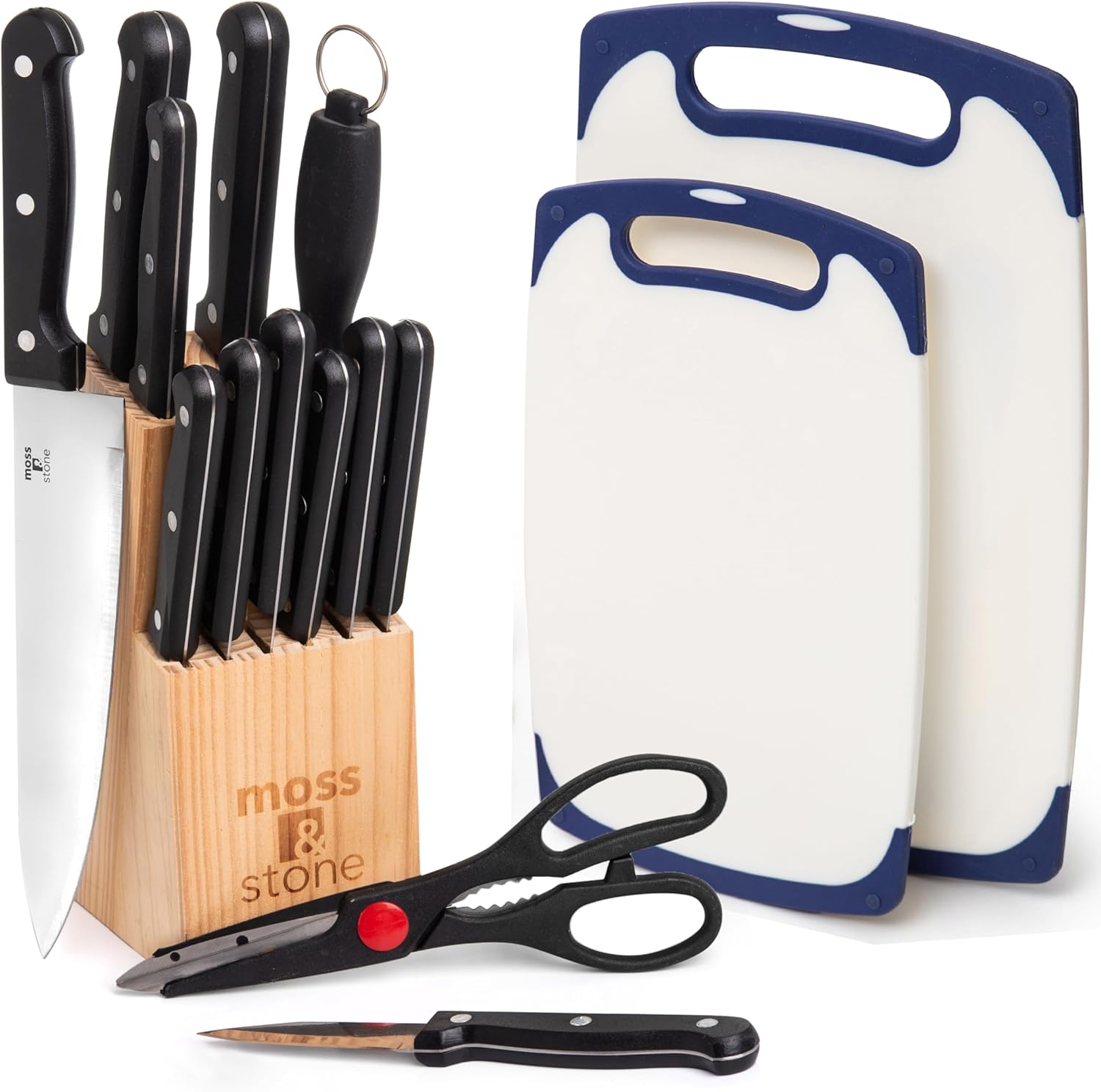 Moss & Stone 14-piece Knife Block Set, Stainless Steel Knife Set, Premium Kitchen knives Set With High-Carbon Stainless Steel Blades And Wooden Block Set, 14 Pcs Kitchen Knife Set Bundle with 2 Piece