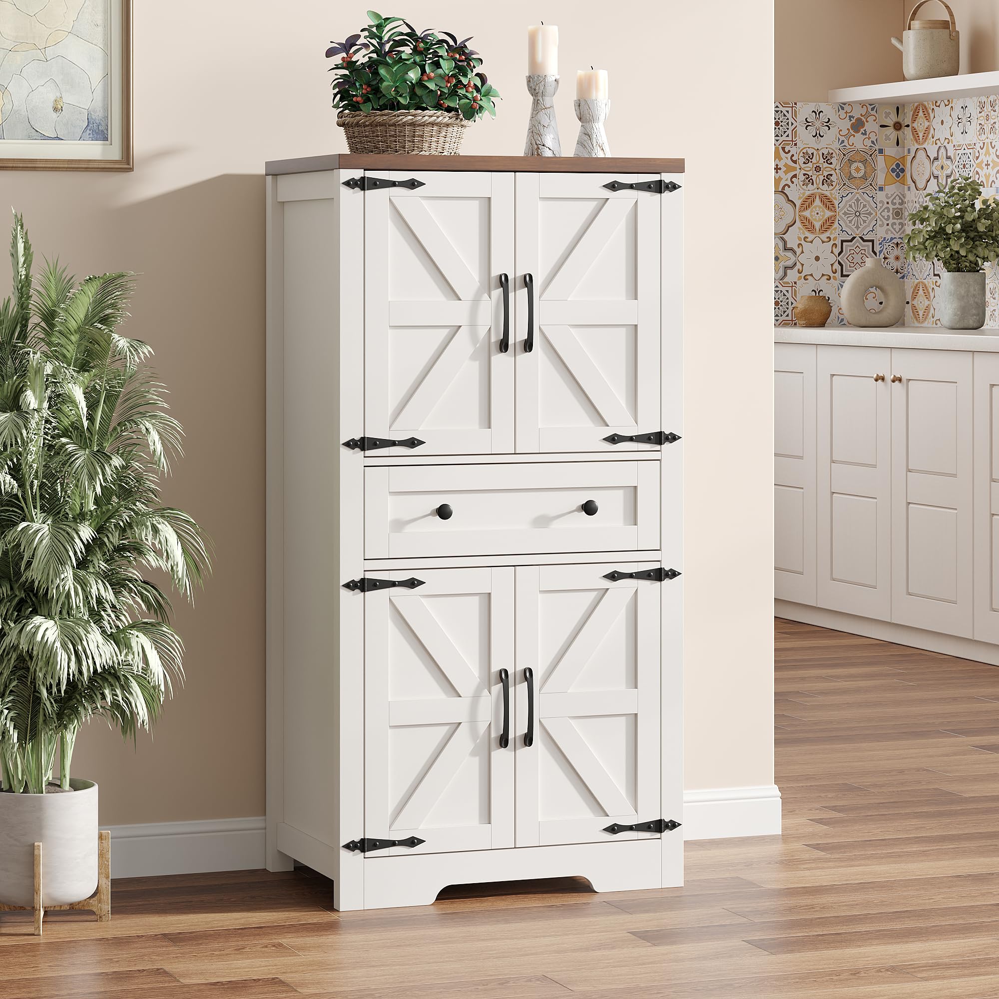 47" Tall Kitchen Pantry Storage Cabinet with Barn Doors and Shelves, White Farmhouse Linen Storage Cabinet With Drawers, Free standing Food Pantry Cabinets for Kitchen, Dining Room, Living Room