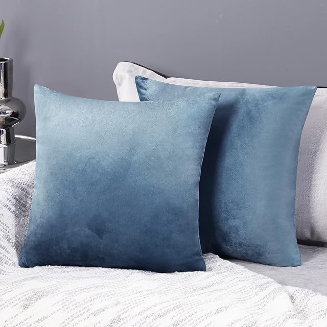 Deconovo Set of 2 Crushed Velvet Cushion Covers 45cm x 45cm 18x18 Inches Throw Pillowcases Cushion Covers for Sofas Seats with Invisible Zipper Stone Blue