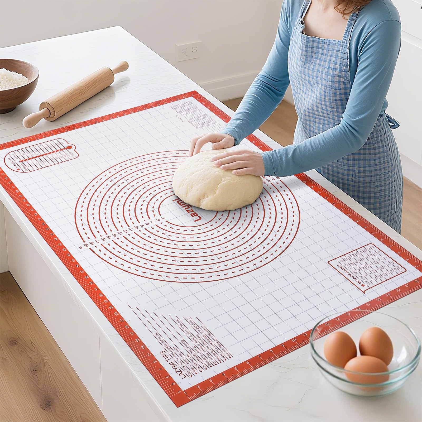 Lazymi Silicone Baking Mat Non-Stick: Extra Large 91 x 61 cm Pastry Mat for Rolling Dough - Baking Sheet with Measurement for Kitchen - Heat-Resistant & Reusable Pizza Accessories for Baker - Red