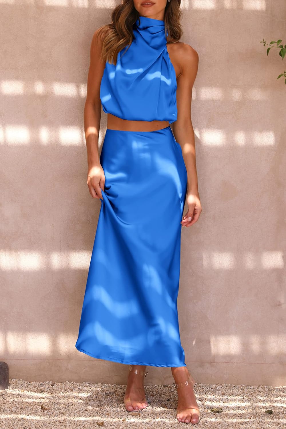 PRETTYGARDEN Women's 2 Piece Satin Outfits Summer Sleeveless Mock Neck Crop Tops and Long Skirt Dress Sets - Image 3