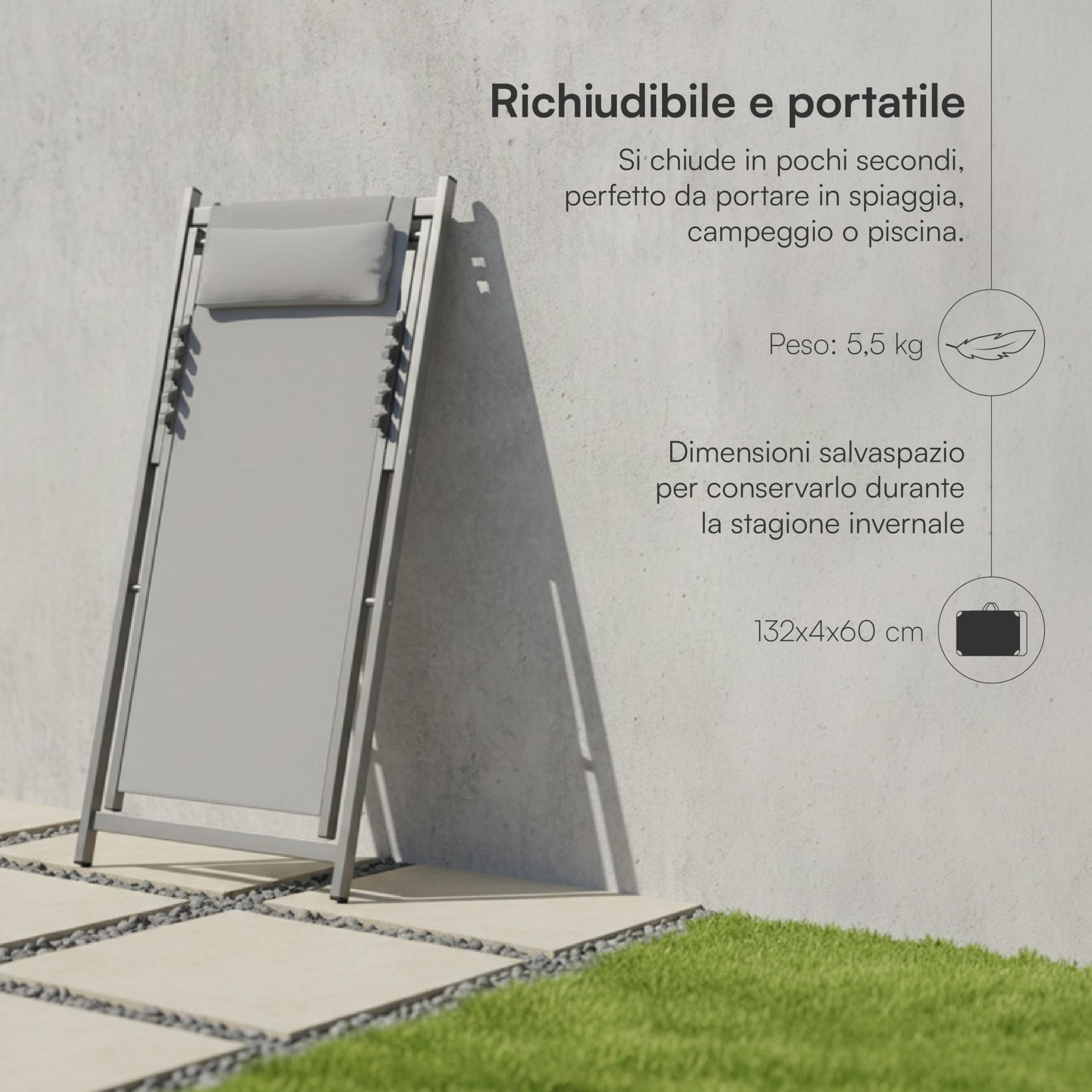 Baroni Home Sdraio da Giardino Pieghevole Reclinabile 60x97x92 cm Grigio