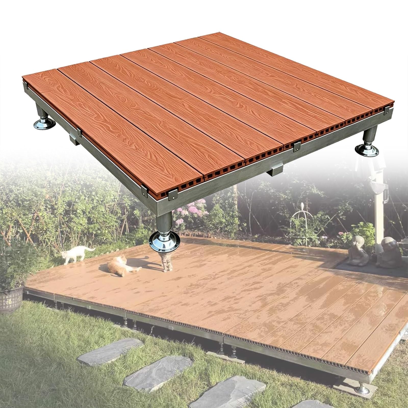Pavimento Da Terrazze Con Struttura In Metallo,Piattaforma Modulare Esterno | 84x84cm WPC Piastrelle Da Patio Con Gambe Regolabili, Pavimentazione Per Balcone Giardino Campeggio(Brown)