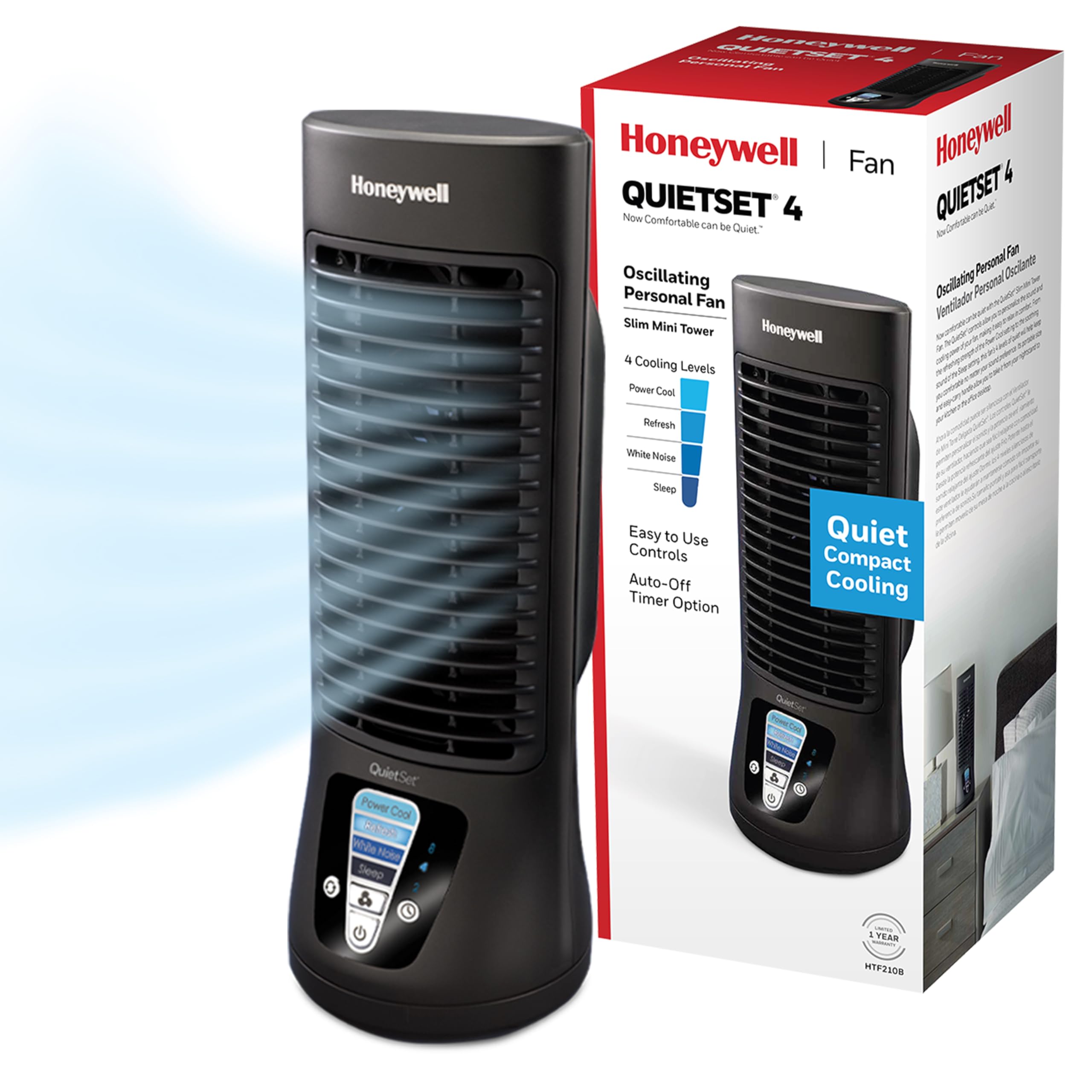Honeywell QuietSet Personal Table Fan, Oscillating Personal Desk Fan with Quiet Operation, 4 Levels of Power and Sound, Black, HTF210B