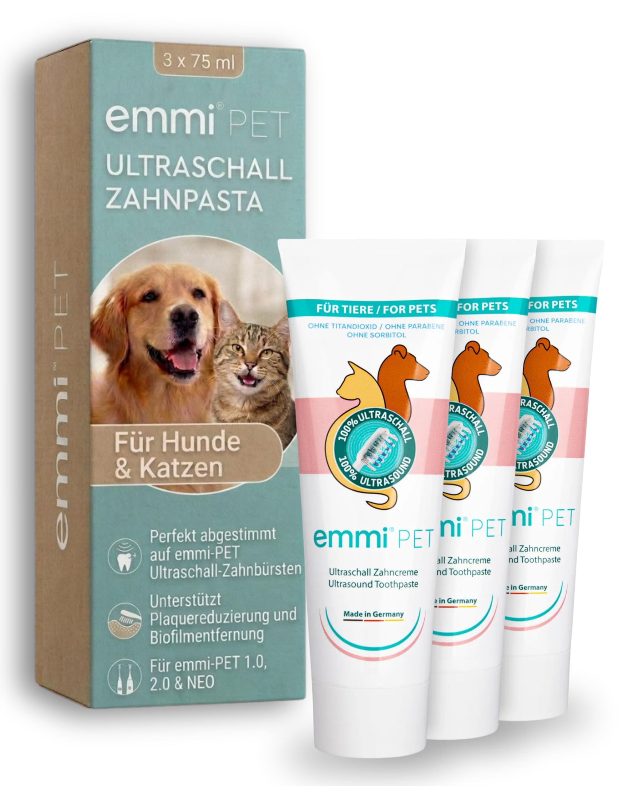 emmi-PET Ultraschall Zahnpasta für Hunde & Katzen 3x 75 ml I Für alle emmi-PET Ultraschallzahnbürsten I Schonende Zahnpflege I Zahncreme unterstützt Plaque-Reduzierung I Ohne Fluorid & Parabene