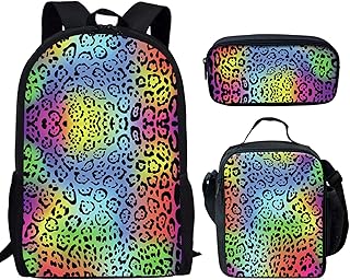 Howilath Leopard Rainbow Teenager Girls Backpack Canvas Rucksack School Book Bag with Pencil Case Lunchbox, Cheetah Spot 17 Inch Backpack for Kids Teen Girls School Student Bookbag Set
