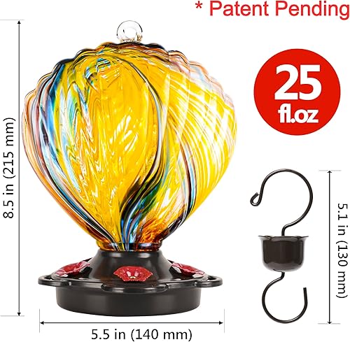 Miniatura 10 de LUJII Comedero para colibríes de vidrio soplado a mano en forma de concha marina para colgar en exteriores, a prueba de óxido y a prueba de fugas,