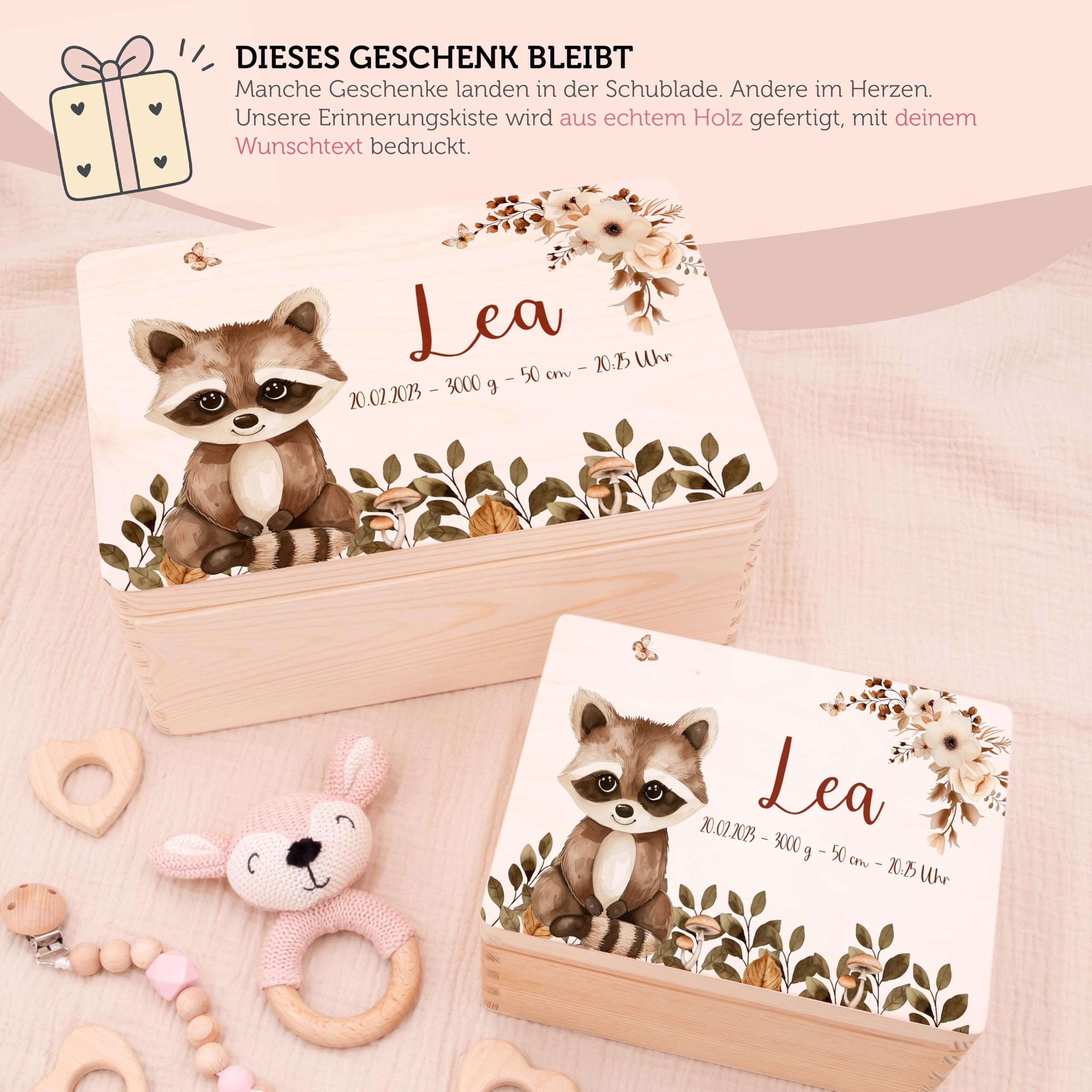 Erinnerungsbox Baby - Personalisierte Geschenke mit Namen | Holzkiste mit Deckel bedruckt mit Schadstofffreie Latextinte - Geschenke zur Geburt & Taufgeschenke für Mädchen & Jungen