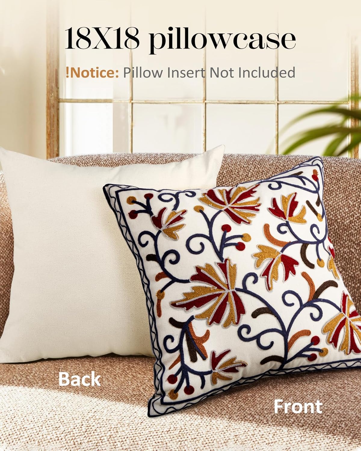 Embroidered Throw Pillow Cover - 18x18 Decorative Pillow Cover with Zipper Aesthetic Cute Design Boho Spring Summer Throw Pillowcase for Living Room Couch Sofa Bed, Fall Flower - Image 4