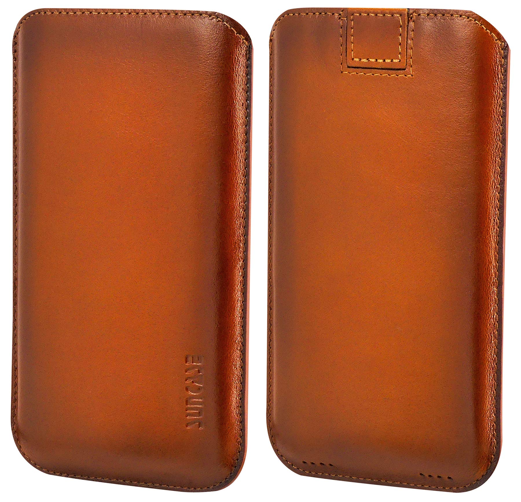 Suncase Custodia originale in pelle compatibile con iPhone 15 (6,1 pollici), ultra sottile, con linguetta di estrazione, colore: marrone antico