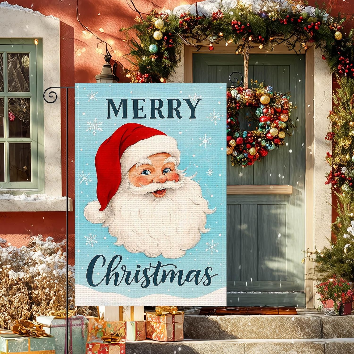 Merry Christmas Garden Flag 12x18 Inch Santa Face Burlap Double-Sided Seasonal Outdoor Holiday Banner Merry Christmas Winter Flag for Yard Lawn Decoration - Image 2