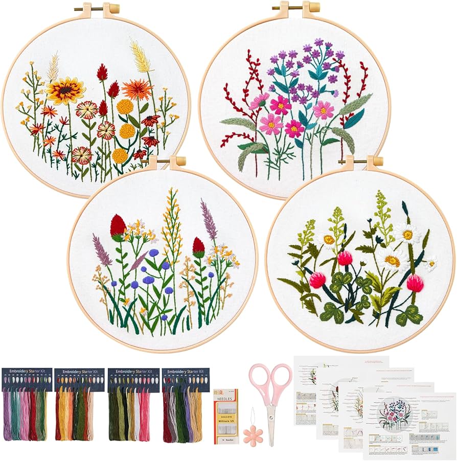 Brvsk Kit De Bordado Floral Para Adultos Y Principiantes: Campanillas De 16 X 16 Pulgadas Con Diseño Impreso Claro Y Preciso En Lienzo De Algodón; Incluye 2 Agujas, Hilo Y Tabla