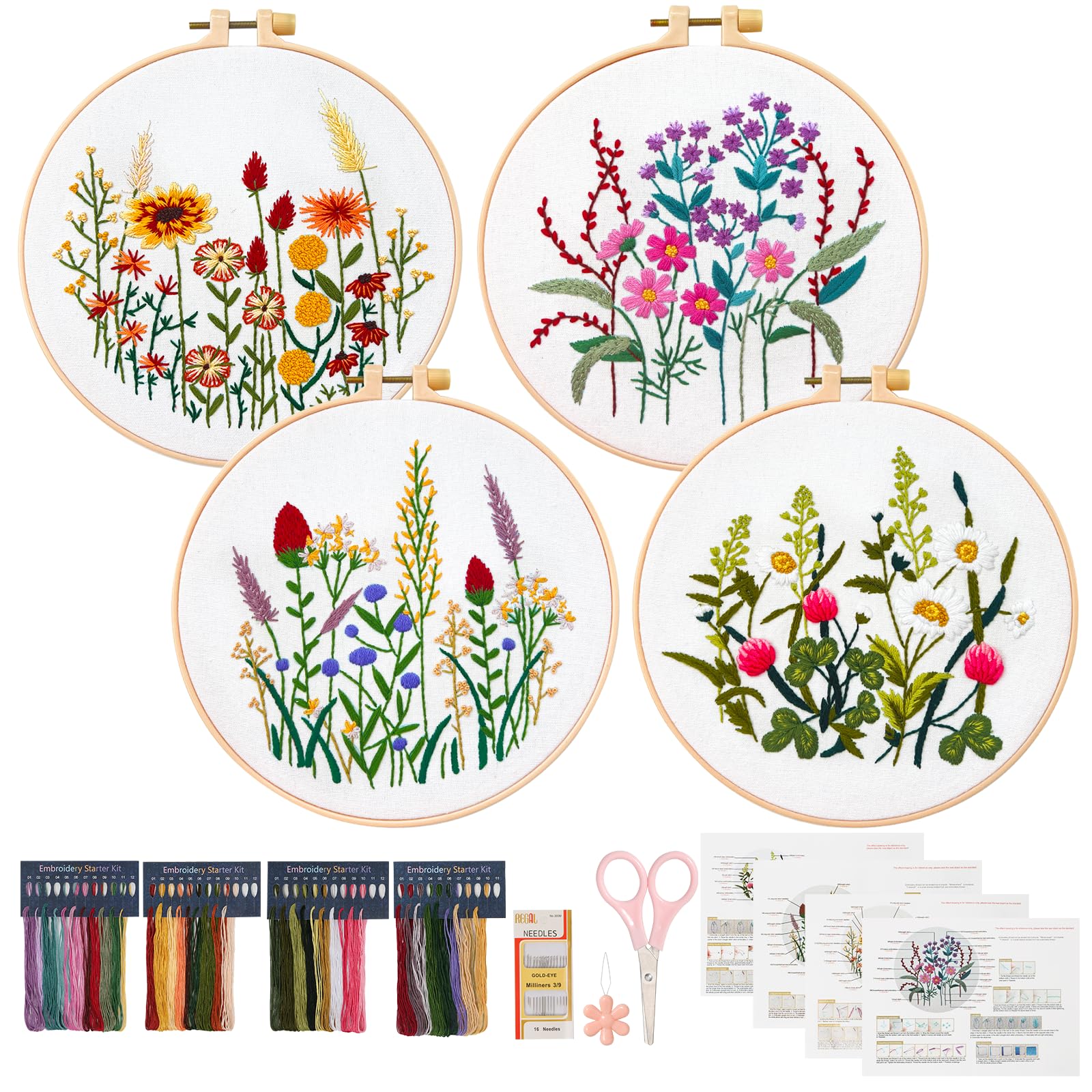 ASTNIC 4 Sets Embroidery Kit for Beginners Adults, Flowers Embroidery Patterns Cross Stitch Kits, Embroidery Material Practice Set with Hoop, Instruction, Threads and Tools