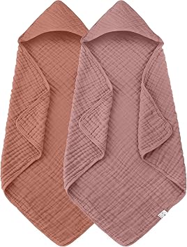 Spotted Play 2 Pack Hooded Baby Towels - 100% Muslin Cotton for Newborns, Infants, Toddlers - Large 32x32 Inch Size - Highly Absorbent and Essential for Newborn Care, Deep Bean Paste