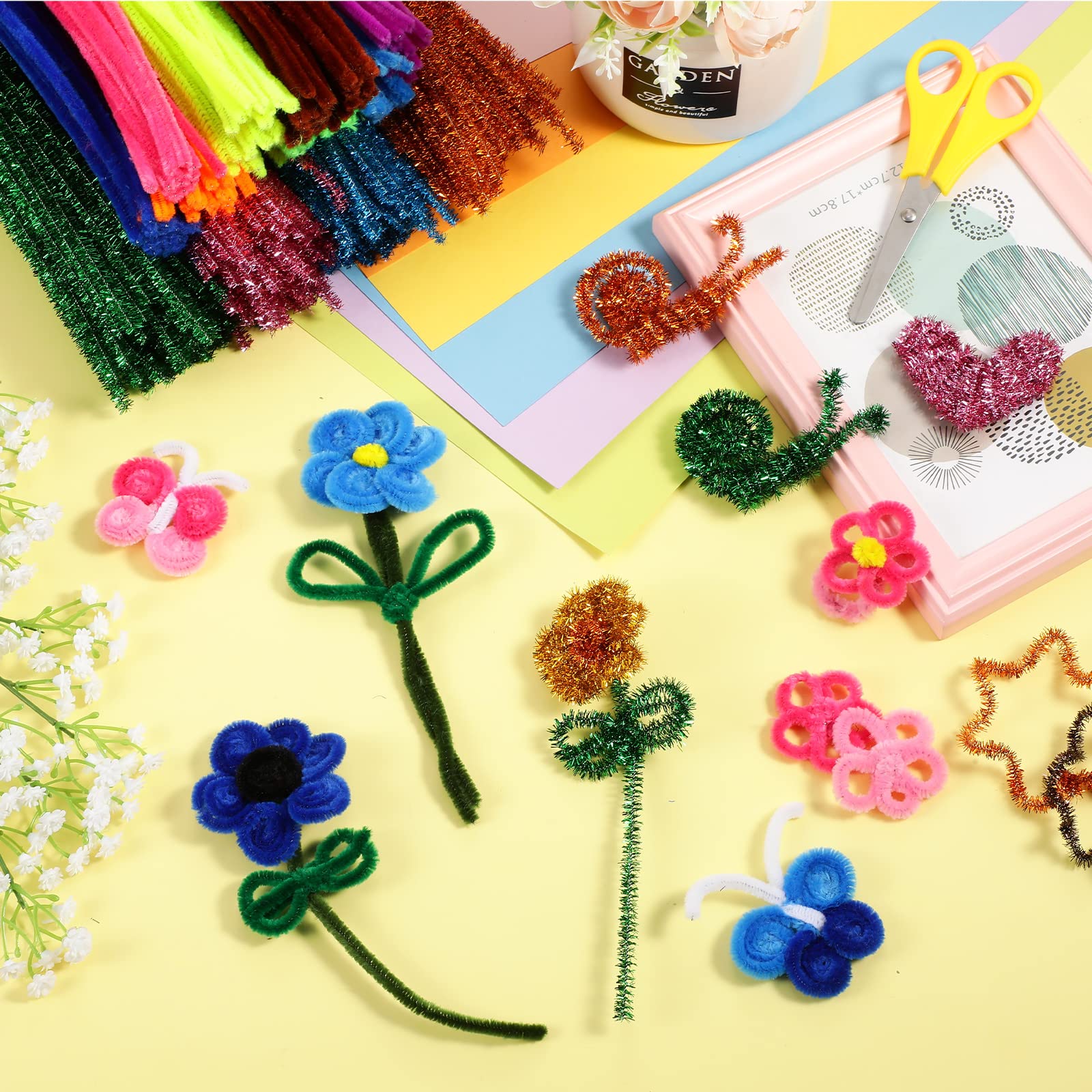 Pfeifenreiniger, Chenille-Stiele, Glitzer, Pfeifenreiniger, Bastelbedarf, flauschige Sticks für Kinder, DIY, Kunst, Handwerk, Dekorationen, kreatives Projekt, 6 mm x 30,5 cm, 2400 Stück