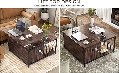 Miniatura 3 de AOGLLATI Lift Top Coffee Table with Storage and Hidden Compartment Farmhouse Square Coffee Table with Charging Station Wood Lift Tabletop Central