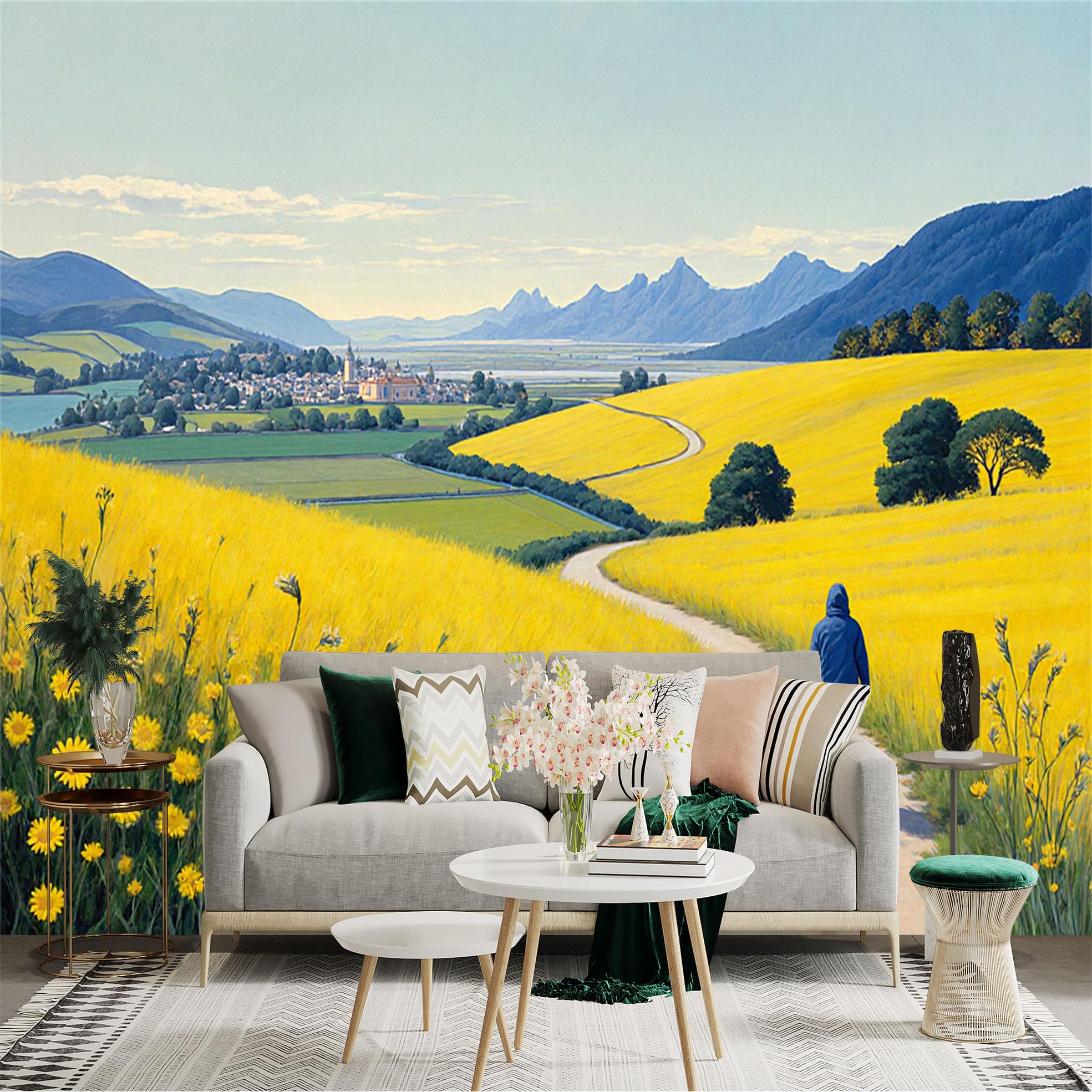 Lnzczhyre Xc260505258 Custom Size Wall Sticker Mural， Yellow Flower Fields， Winding Path Through Meadow， Distant Mountain Village， For Wall Decoration， Peelandstick Wall Decals.