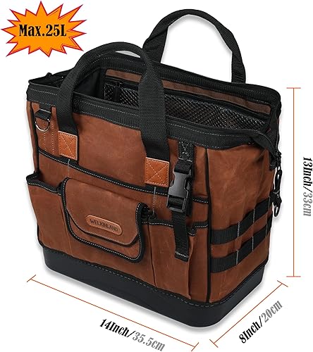 Miniatura 7 de WELKINLAND Bolsa de herramientas de fondo duro de 22 bolsillos, Bolsa de herramientas de lona encerada de 14 pulgadas, Bolsas de electricista