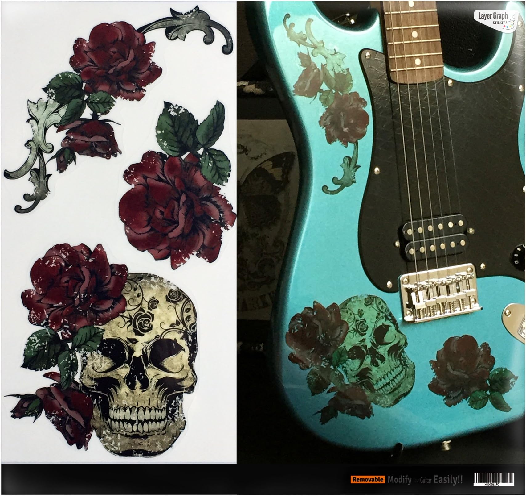 Inlaystickers Layer Graph Stickers for Guitar & Bass - Gothic Skull & Roses LG-004-GS