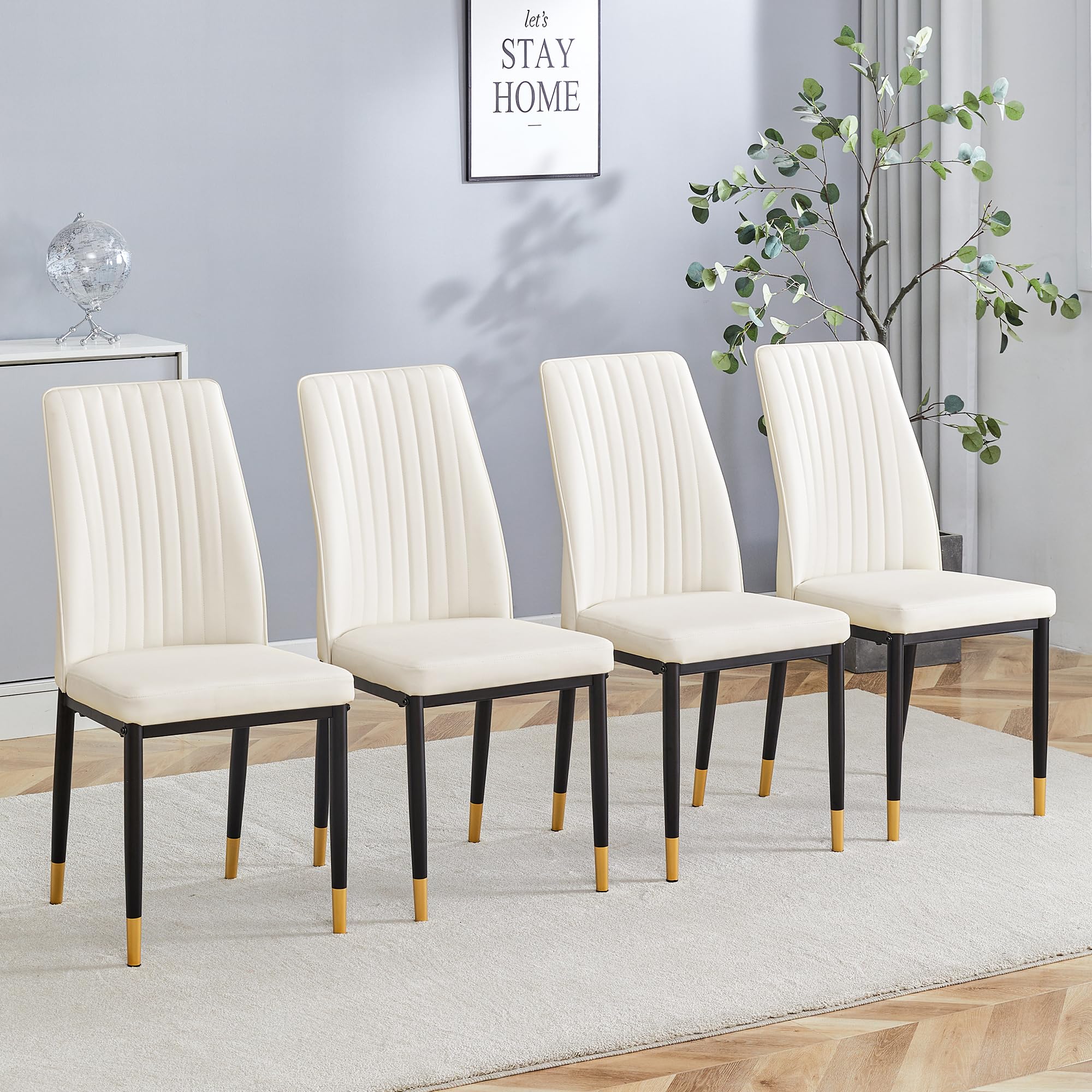White Leather Chair,Modern Dining Chair Set of 4 with Pu Leather and Chrome Leg,Sillas para Comedor with High Back for Dining Room,Kitchen,Living Room(Off-White-4)