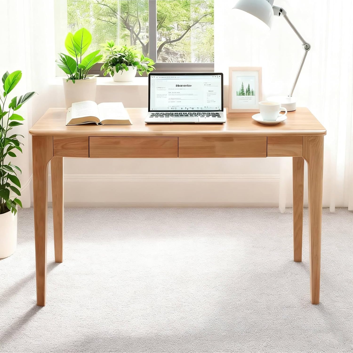 Solid Wood Desk,47" Oak Wooden Desk with Drawers,Mid Century Modern Small Computer Desk with Drawers for Small Spaces Home Office Solid Wood Writing Desk (Wood Color-2, 47")