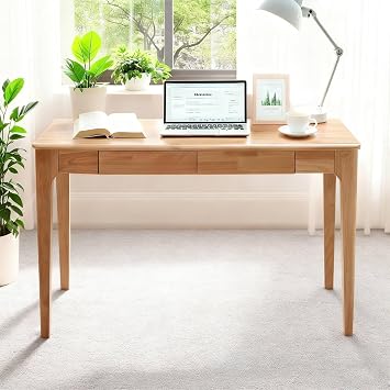 Solid Wood Desk,47" Oak Wooden Desk with Drawers,Mid Century Modern Small Computer Desk with Drawers for Small Spaces Home Office Solid Wood Writing Desk Wood Color-2, 47"