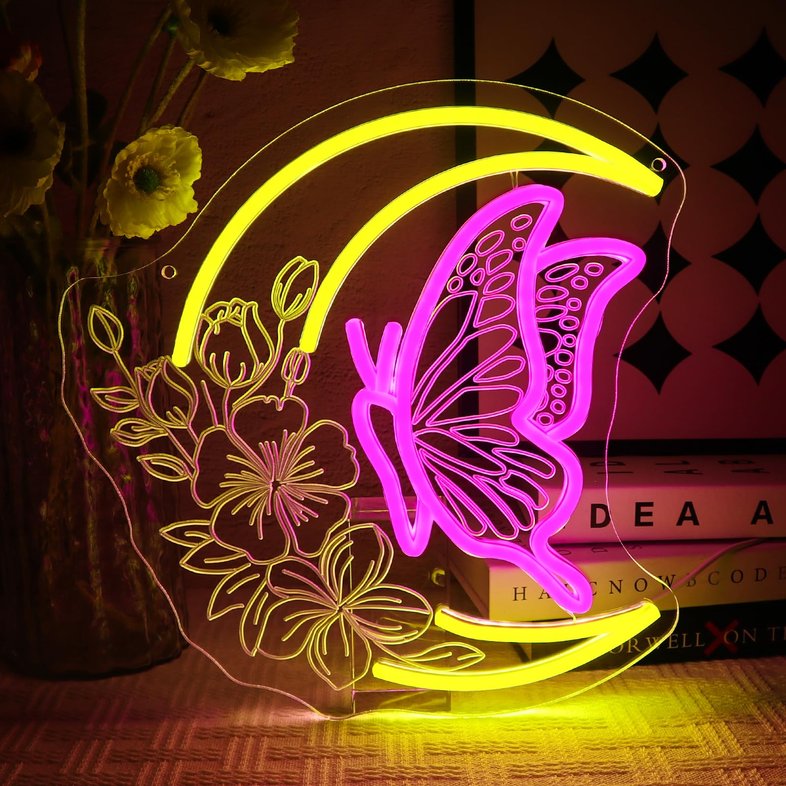 OYCGZV Moon Butterfly Neon Sign for Wall Decor - Flowers Neon Light Dimmable USB Pink Led Sign for Bedroom Living Room Bar Game Zone Club Party Aesthetic Home Decoration