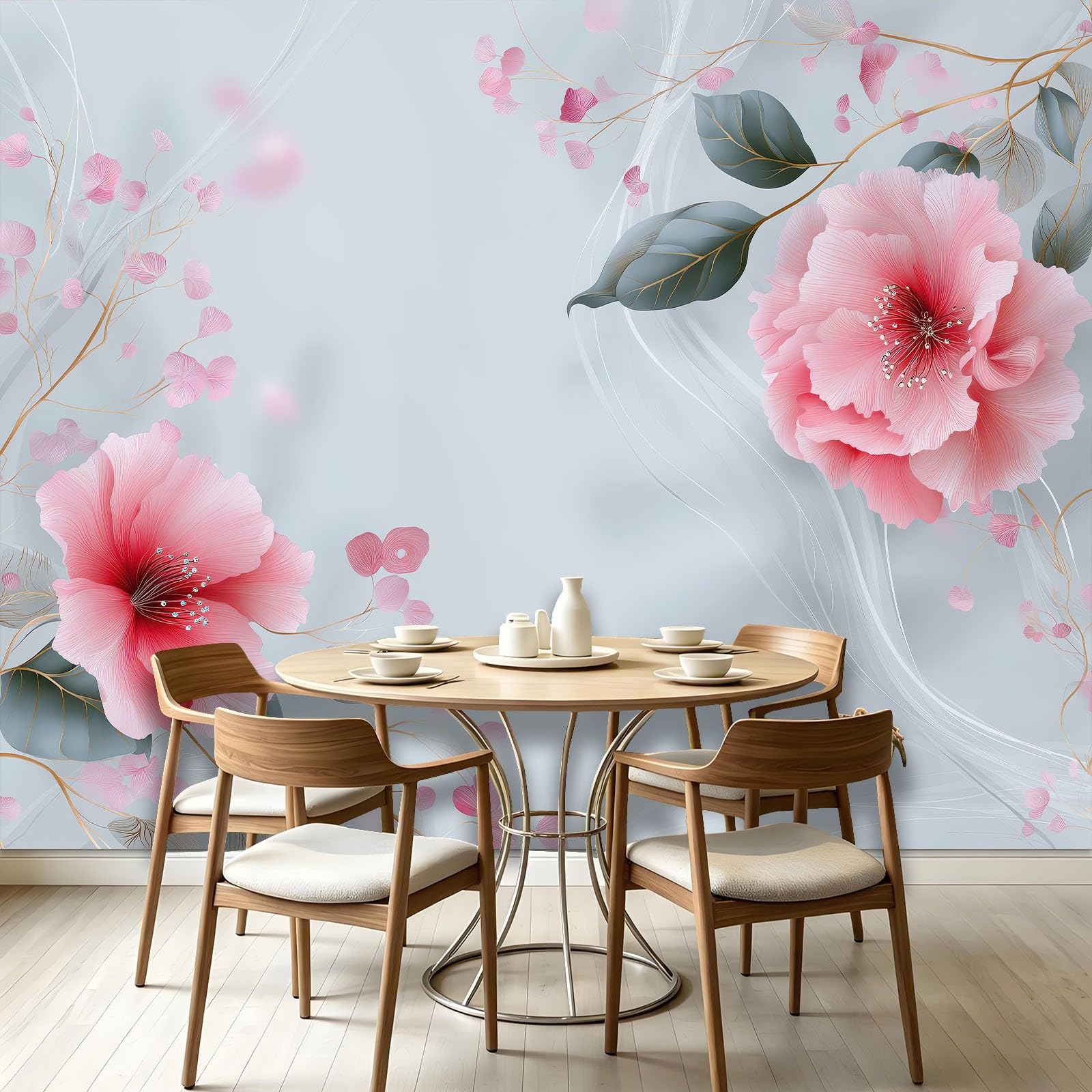 Générique Tapeta ścienna do salonu - kwiatowe płatki piwonii - 300x210cm Panoramiczna tapeta z włókniny, botaniczne linie falowane dekoracje ścienne 3D gobelin fotograficzny