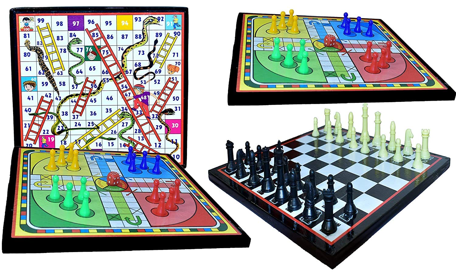 Goldiluxe Wooden Ludo Board Snakes & Ladders Board & Chess Board Combo with 2 Set of Ludo Coins 1 Chessmen Coins Set. (B0969QSL48) Amazon Price History, Amazon Price Tracker