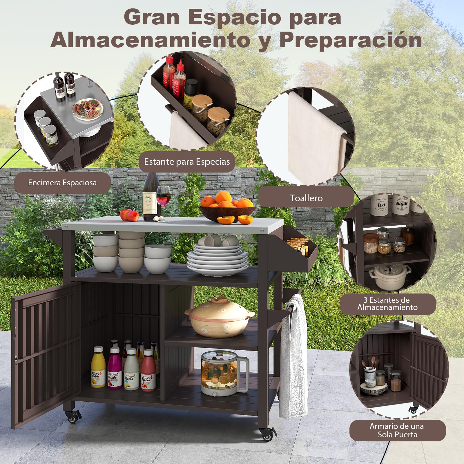 COSTWAY Carrito de Barbacoa con Estante Abierto y Armario, Cocina Exterior con 4 Ruedas 360°con Freno, Encimera de Acero Inoxidable, Mueble para BBQ para Picnic, Fiesta, 116 x 50 x 87 cm