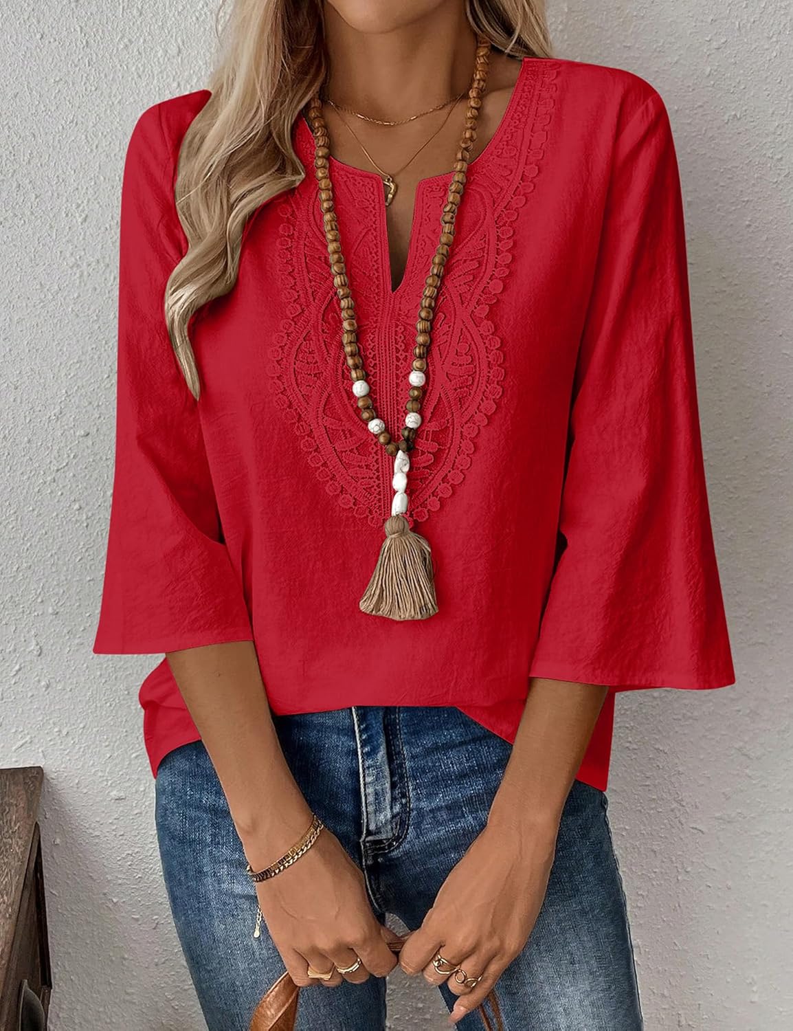 LOMON Womens 3/4 Sleeve Tops Cotton Linen Shirts V Neck Lace Casual Loose Fit Blouses Boho Fashion - Image 2