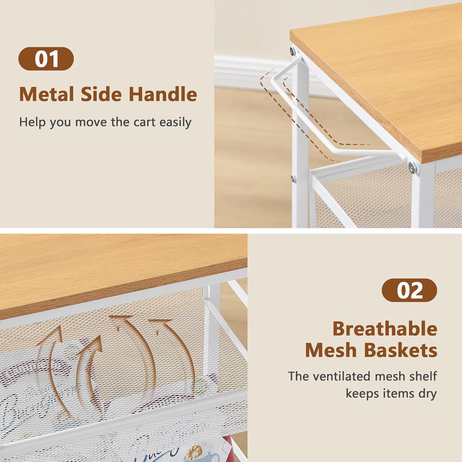 Hoctieon Rolling Storage Cart, 4-Tier 11.8" Wide Rolling Kitchen Storage Cart, Utility Cart with Handle & Wheels, Mobile Shelving Unit, Metal Frame Narrow Cart for Home Kitchen, Laundry, Oak Beige