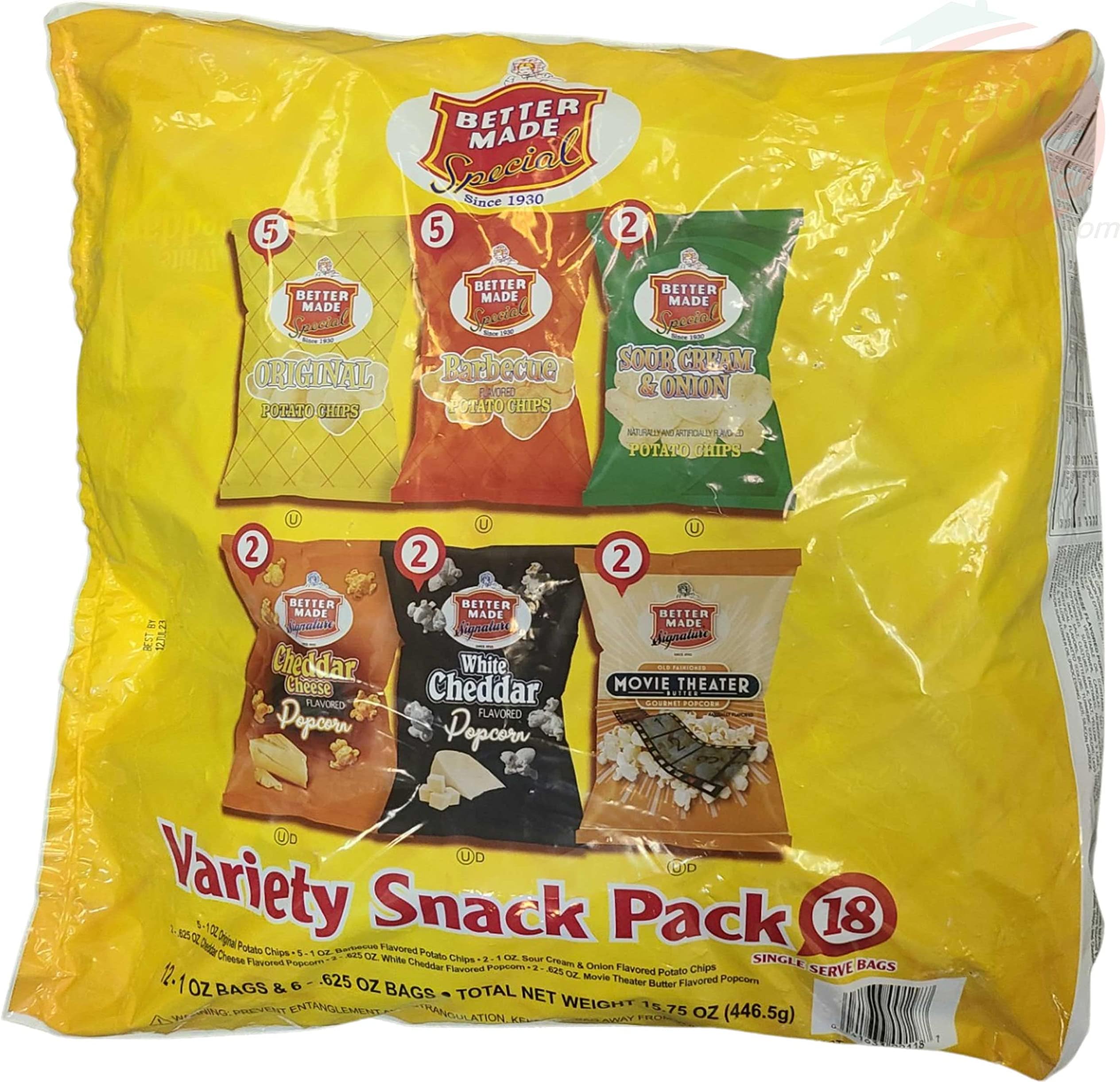 Better Made variety snack pack potato chips; 5-original, 5-bbq, 2-sour cream: popcorn; 2-cheddar cheese, 2-white cheddar, 2-movie; 15.75-ounce bag