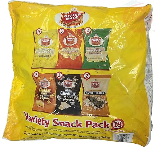 Better Made Paquete variado de papas fritas de aperitivo 5 originales, 5 bbbq, 2 crema agria palomitas de maíz 2 quesos cheddar, 2 cheddar blanco, 2