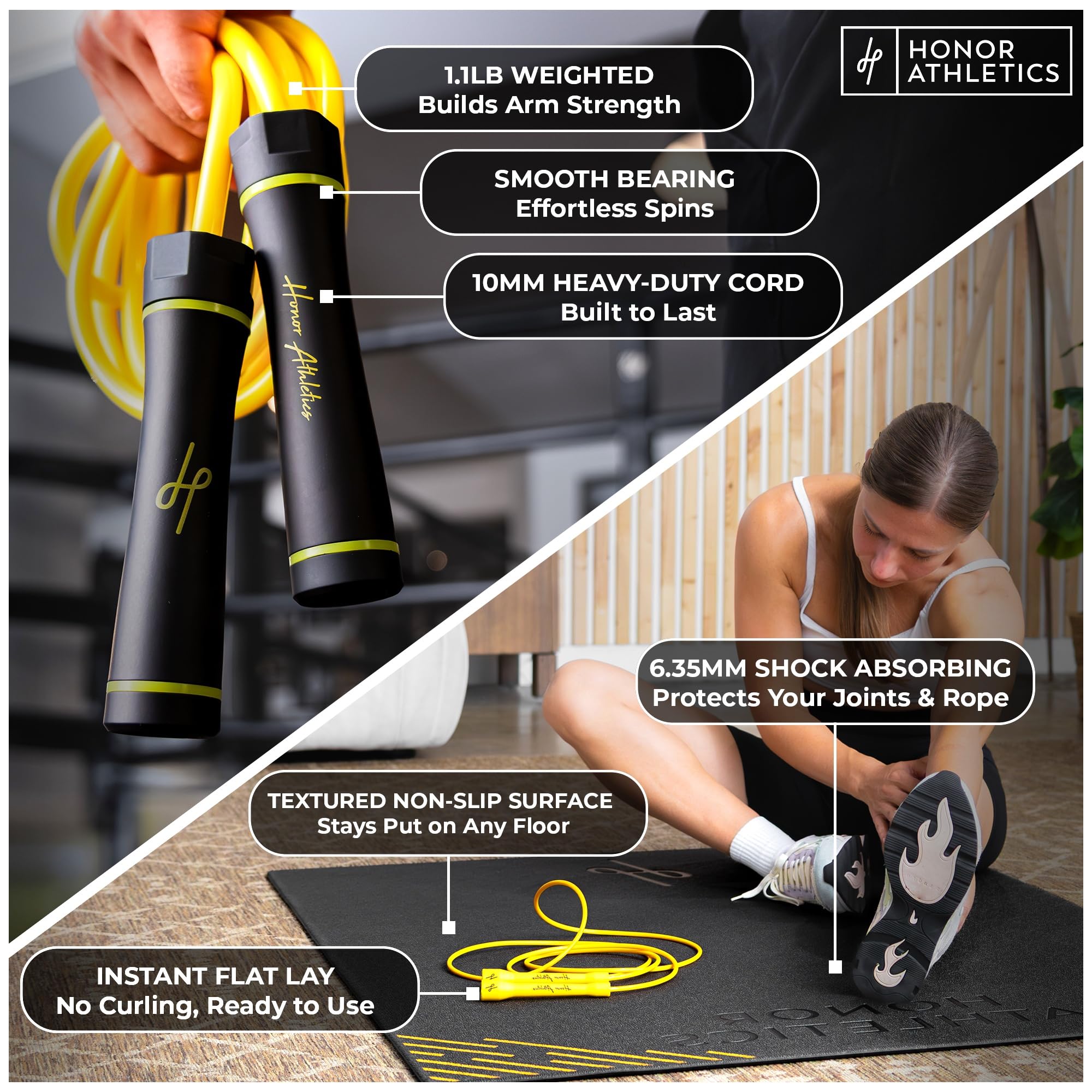 Honor Athletics Springseilmatte & Pro Boxing Rope 3.0 Bundle | 6,35 mm Gummimatte + 5,3 mm verstellbares Springseil | Boxen, Cardio & Fitnesstraining