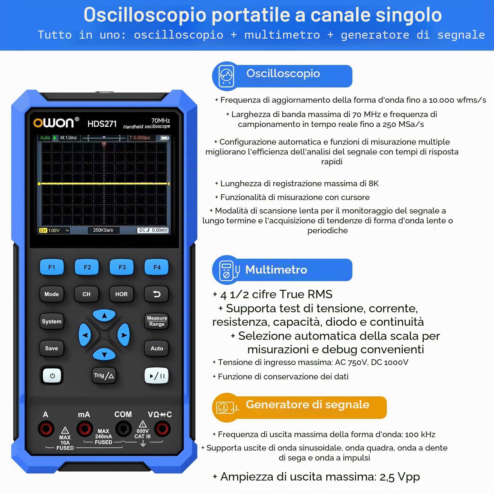 OWON HDS271 Oscilloscopio portatile a canale singolo,3 in 1 larghezza di banda 70MHz,multimetri a 1 canale,24000 conteggi con USB tipo C (oscilloscopio+multimetro+generatore da 100kHz)