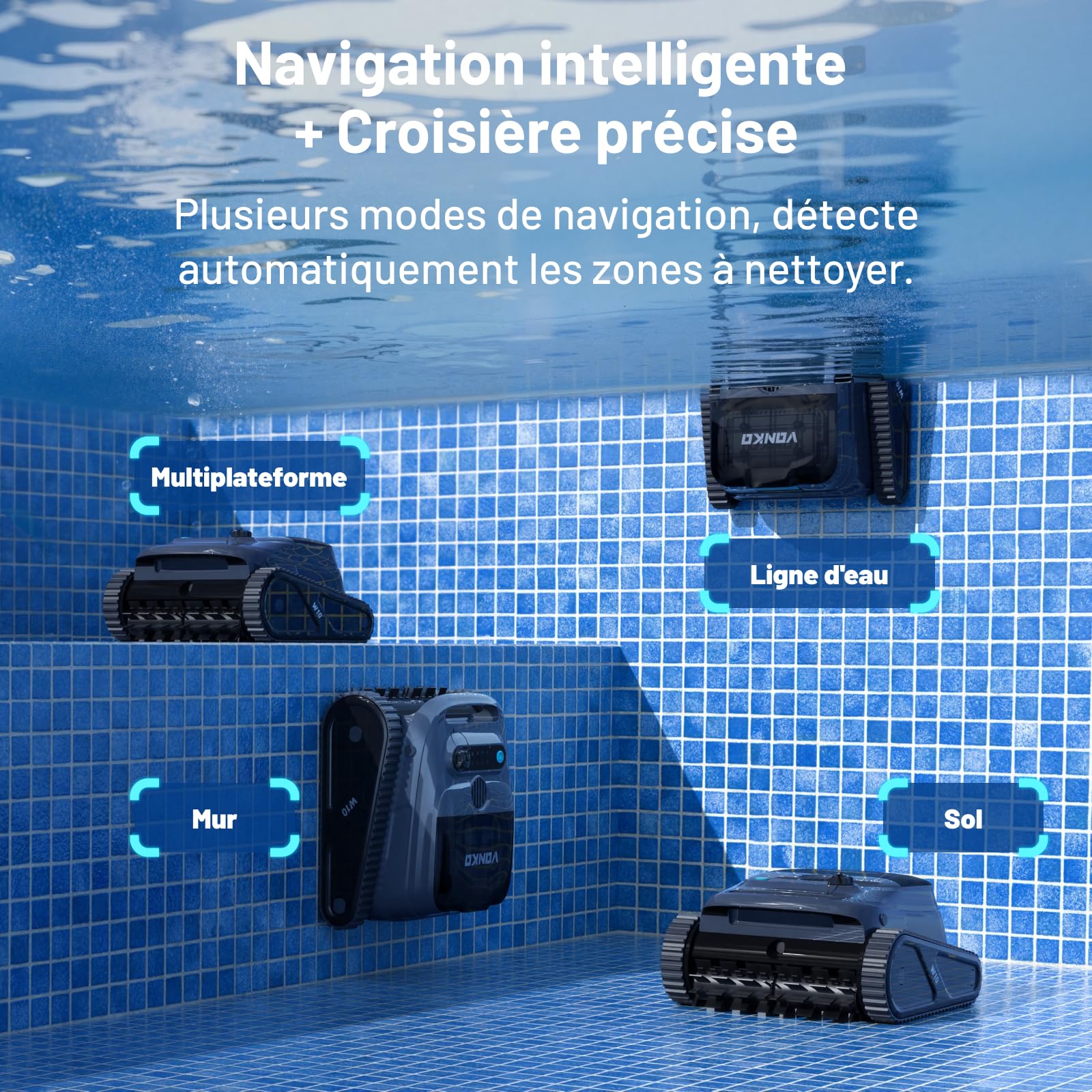 VONKO W10 P10 Robot Piscine sans Fil, Aspirateur Piscine avec Navigation IA, Nettoyage Fond/Parois/Ligne d’Eau, 180 Min d’Autonomie, pour Piscines Jusqu’à 200 m², Bleu Roi