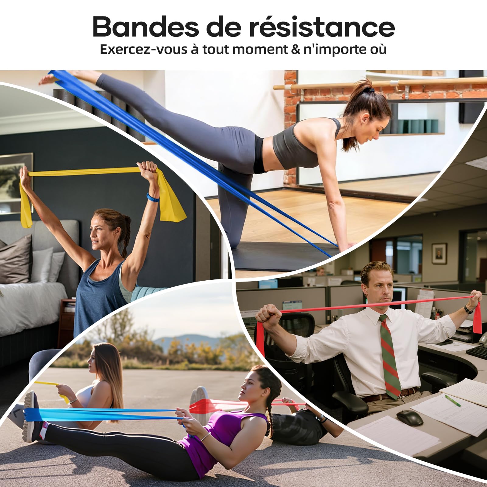 Bande Élastique Musculation 3 Pièces 1.5M/2M Fitness avec 3 Niveaux de Résistance Yoga Pilates