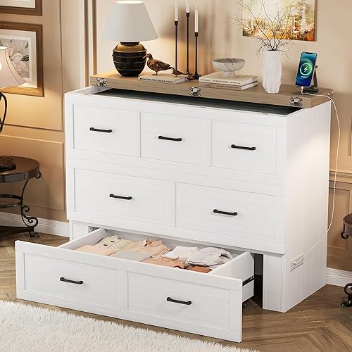 Merax Full Size Murphy Bed, Cabinet Bed with Charging Station, Multi-Functional Foldable Platform Bed with 1 Large Storage Drawer for Small Bedroom, White