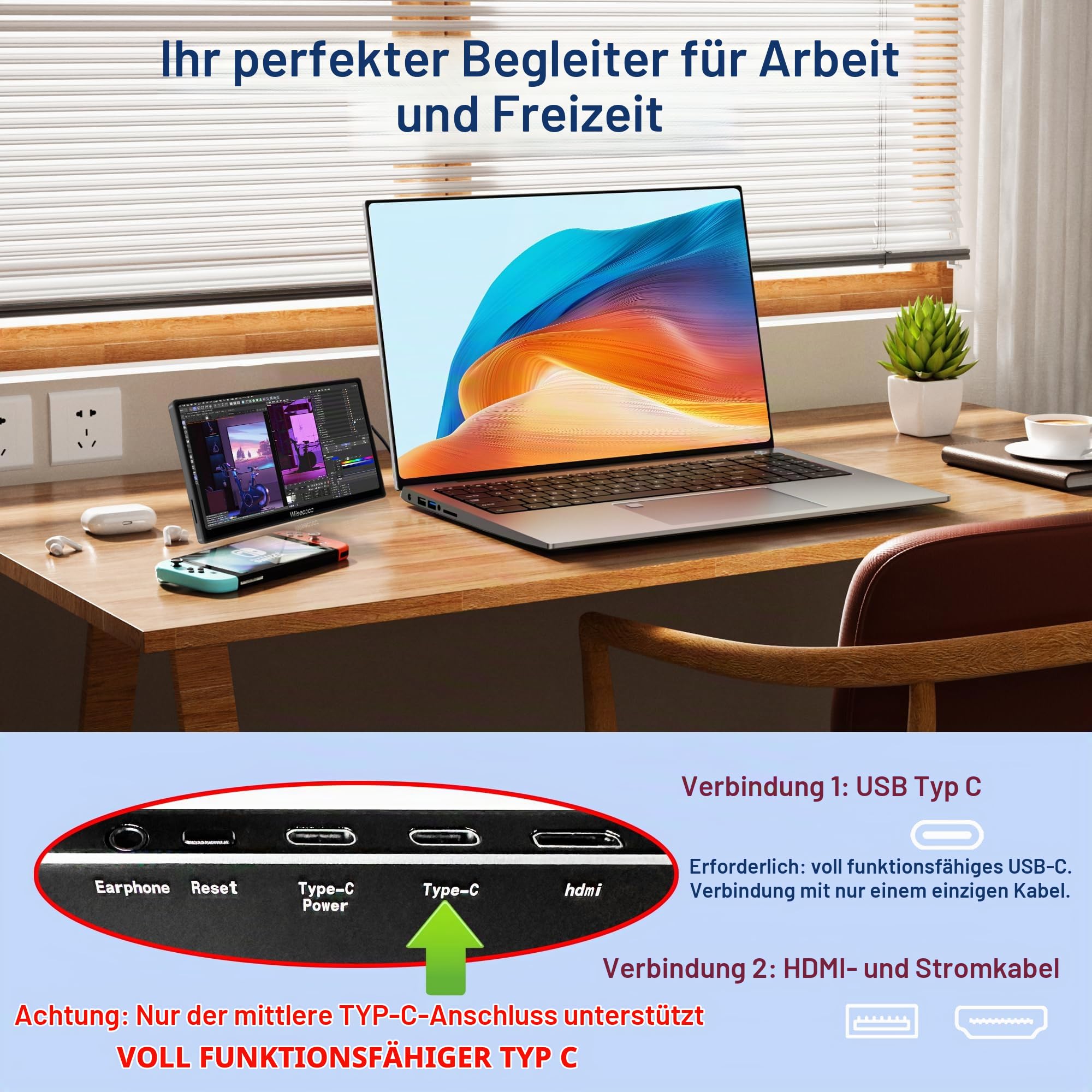 wisecoco 7 Zoll IPS Mini LCD Display 1080p 1920 x 1080 Pixel 120 Hz mit Touchscreen USB C und HDMI Anschluss ultradünn und leicht ideal für Gaming mit Switch PS5 Xbox Laptop PC und Raspberry Pi 5/4