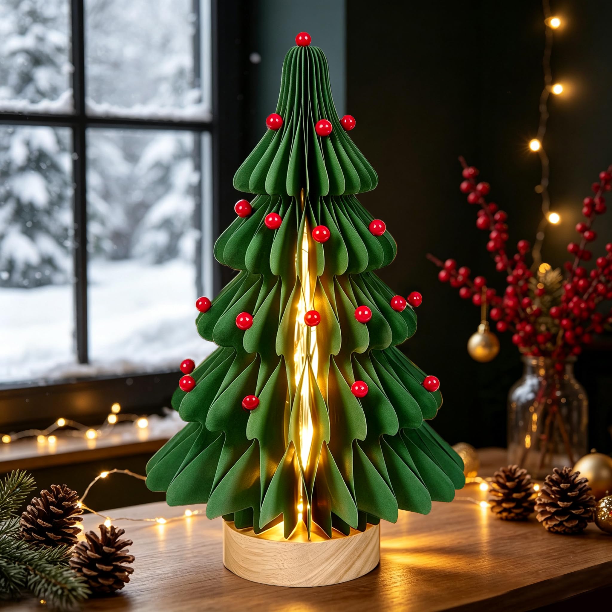 EASY JOY Paper Honeycomb Christmas Tree with Light & Wooden Base – 20" Tall Red Fruit Green Foldable 3D Xmas Table Centerpiece, Glowing Holiday Decor for Home, Mantel, Shelf & Party — image 1