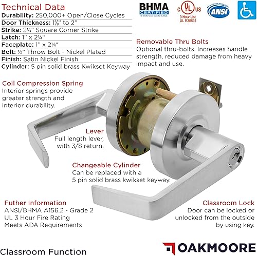Miniatura 6 de Manija de puerta comercial resistente  Función de bloqueo de aula  Cerraduras de puerta de aula de grado 2, con llave para escuelas y universidades