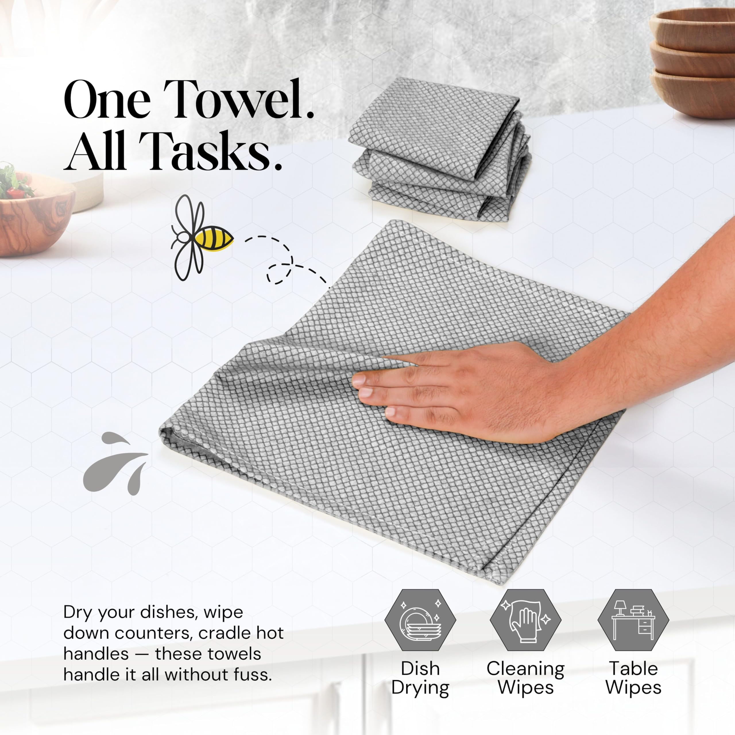 Strofinacci da cucina grigi a nido d'ape, 40 x 66 cm, 100% cotone, ad asciugatura rapida, ultra assorbenti, riutilizzabili, per asciugare i piatti, la pulizia e gli accessori per la