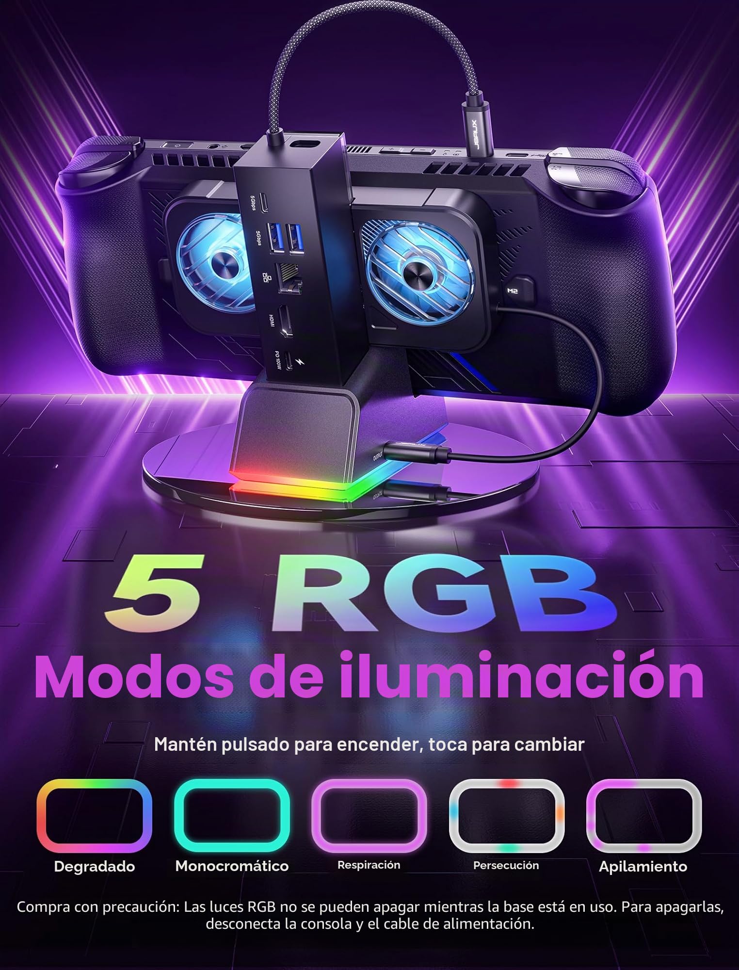 JSAUX Estación de acoplamiento para ROG Ally X/ROG Ally/Steam Deck/Legion Go, base 7 en 1 para ROG Ally X con ventilador de refrigeración RGB, HDMI 4K a 120Hz, Gigabit Ethernet, USB dual y USB C 3.0