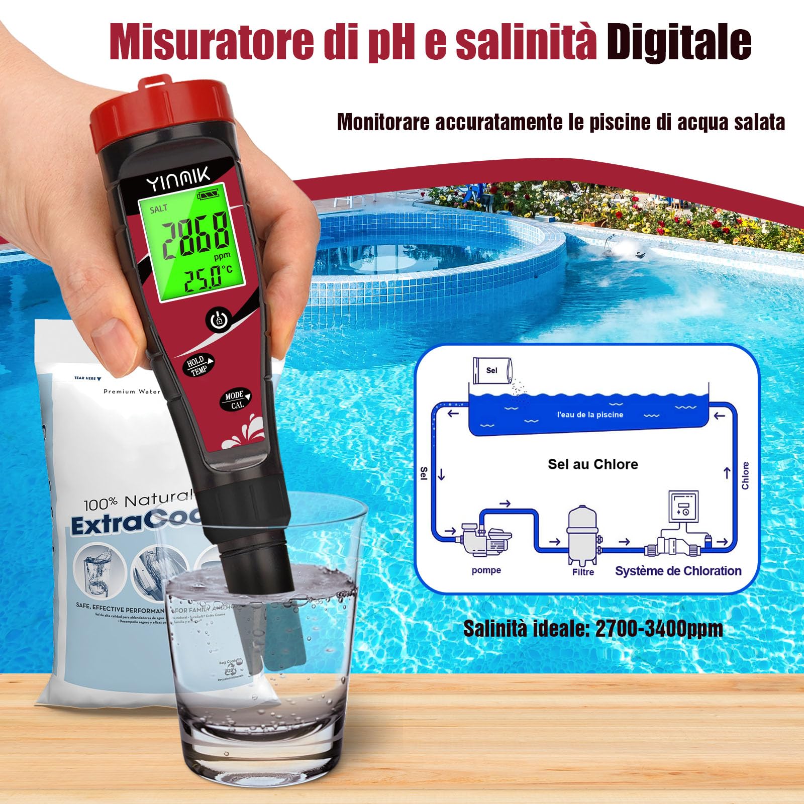 YINMIK Test Piscina pH e Cloro Digitale 7 in 1 Misuratore Salinita Piscina | Kit automatico ph e cloro piscina per piscina, Vasca idromassaggio, Acquario, Idroponica e acqua potabile