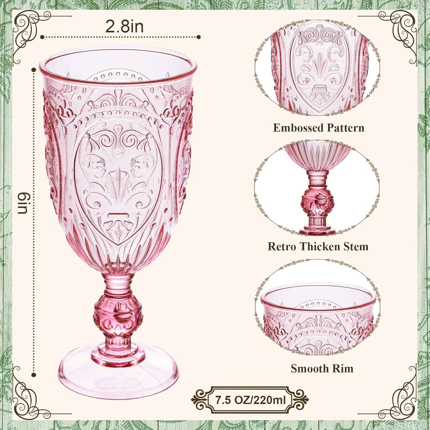 JLYLOL Plastic Wine Glasses 12Pcs Plastic Goblets 7.5oz Colored Retro Embossed Glassware Vintage Stemmed Drinking Cup Reusable Water Goblets for Wedding Reception Grand Event Party Bar,Whiskey (Pink)